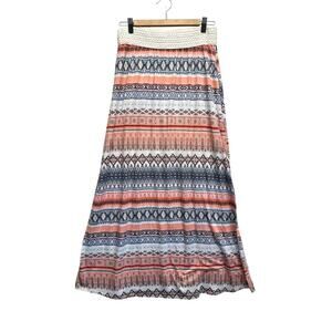 Vanity Maxi Skirt L Boho Tribal Aztec Print Peach Blue White Stretch Waist 45”